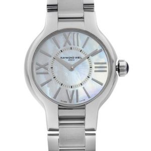 New Raymond Weil silver watch, with mother of pearl face, new in box w/ papers.